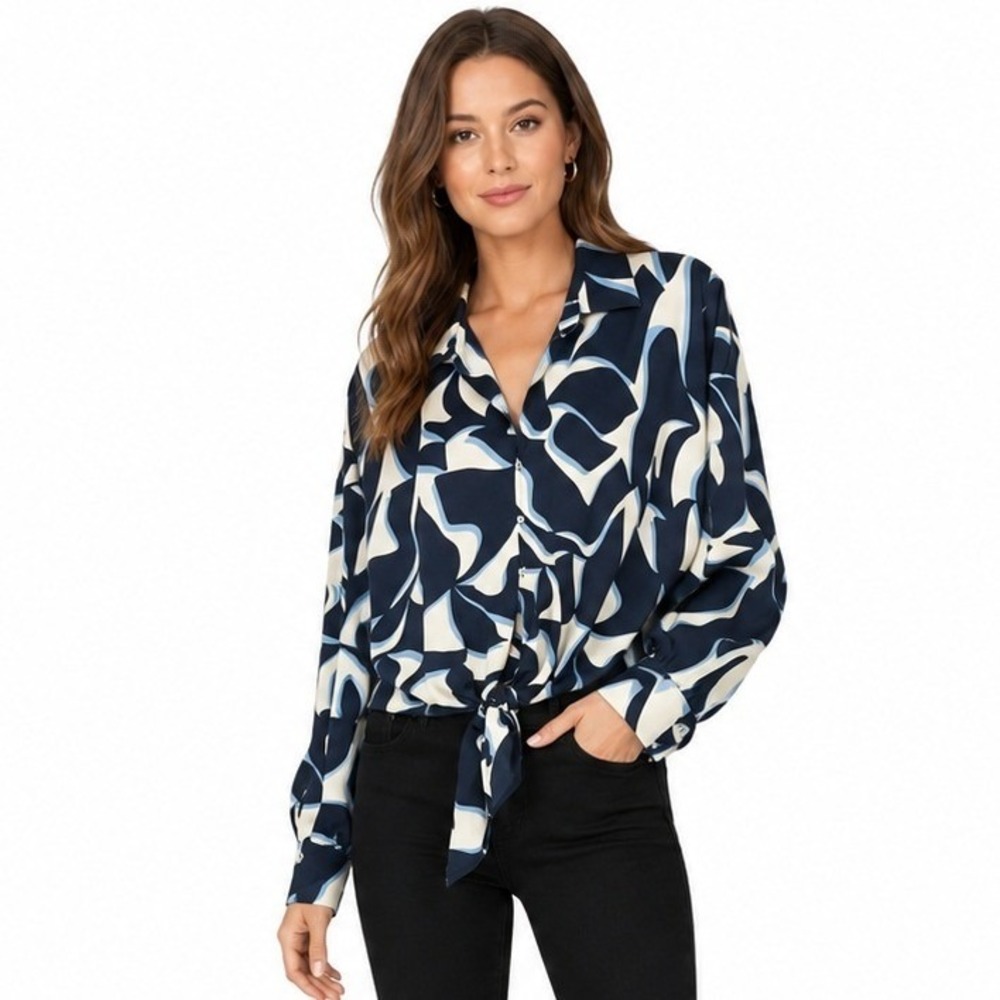 Lucy Paris Button Down Shirt Women Large Blue Abstract Tie Front Casual Boho